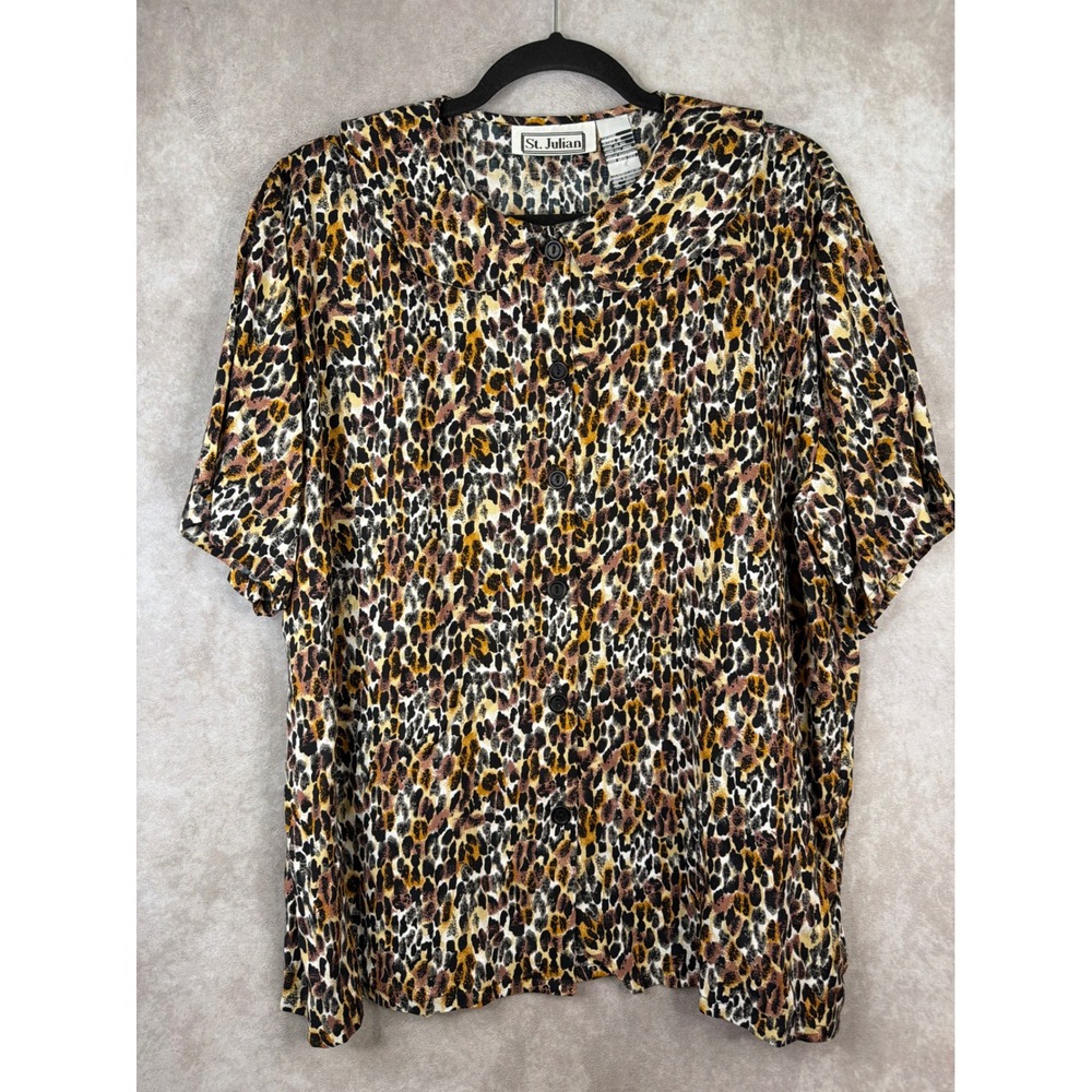 VTG 90s  St. Julian Blouse Women 18W Brown Leopard‎ Print Peter Pan Collar